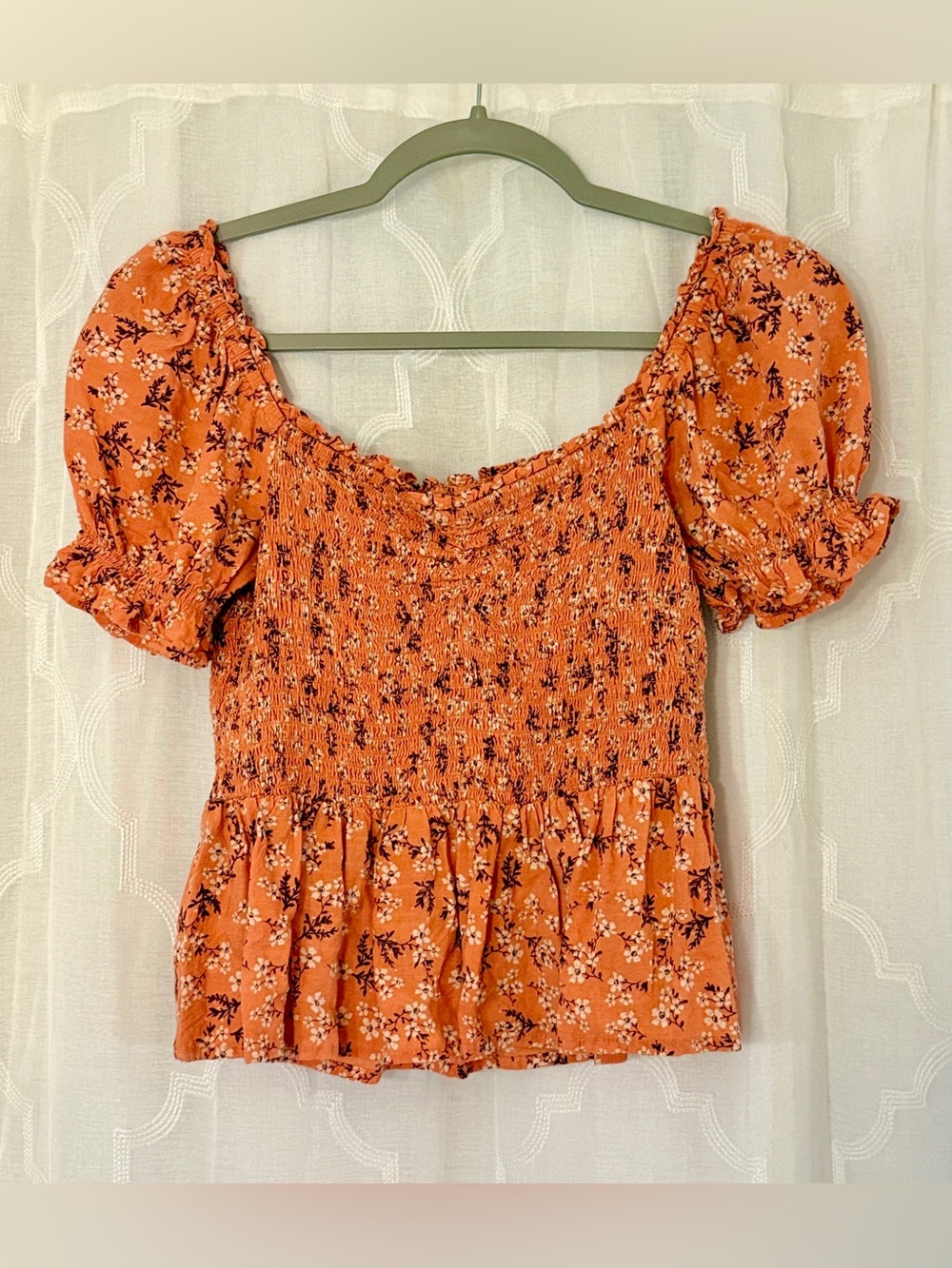 BILA-77 Small Orange Floral Smocked Peplum Puff Sleeve Top Boho